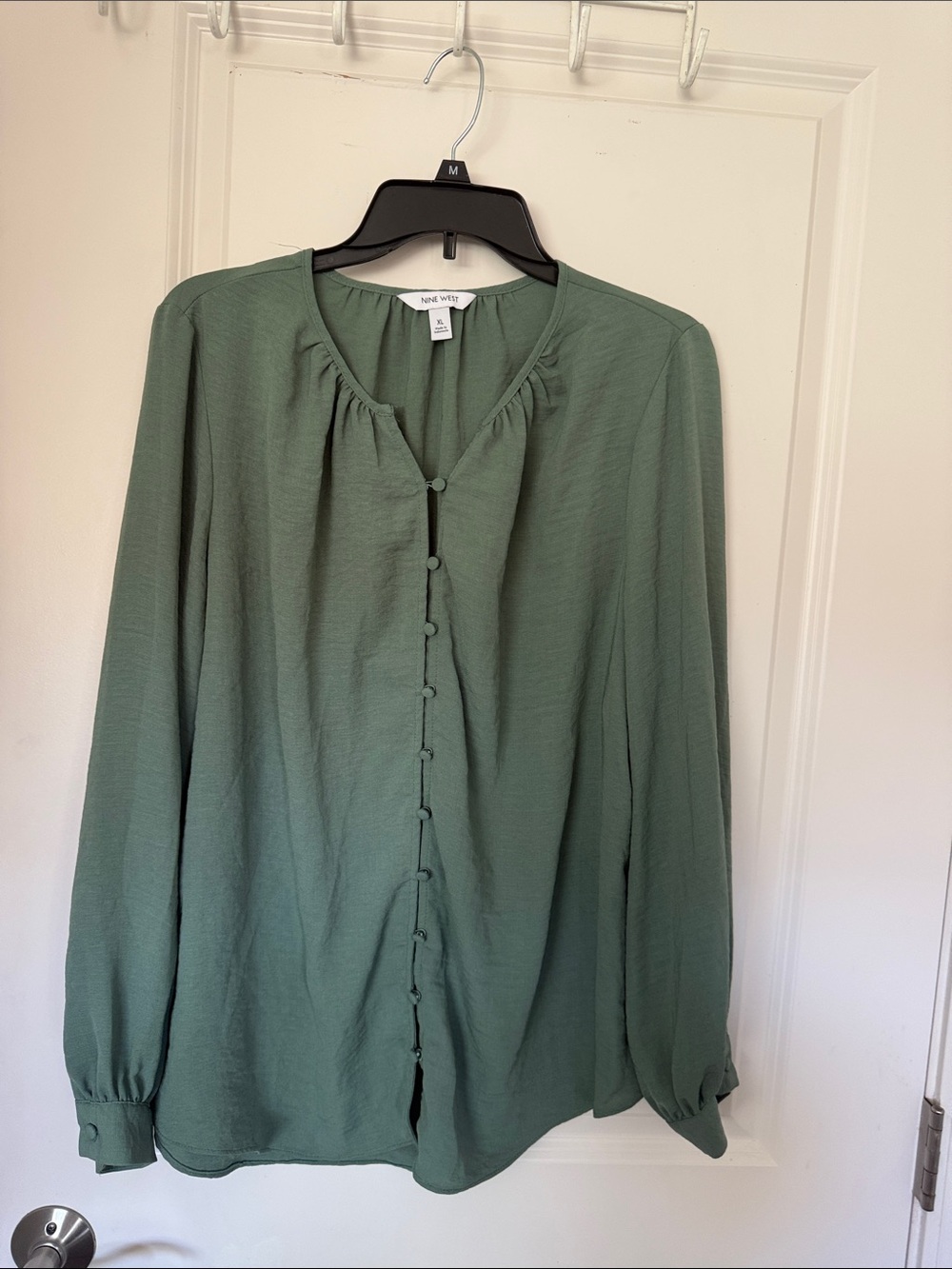 Nine West Sage Green Button-Front Long-Sleeve Blouse with Covered Buttons